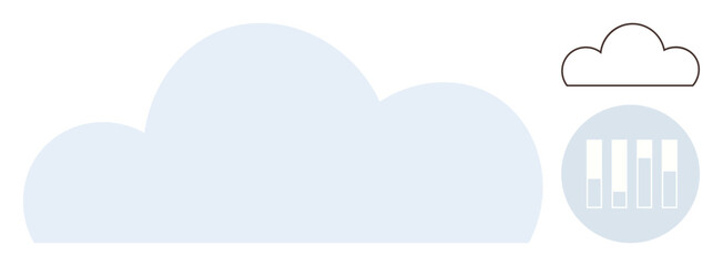 Large stylized cloud icon with smaller cloud outline and data bar chart in a circle. Ideal for technology, cloud services, data storage, analytics, digital innovation, computing, simple flat metaphor