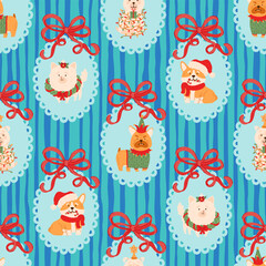 Retro Christmas dogs preppy coquette bows winter holiday vintage seamless pattern wrap, textile