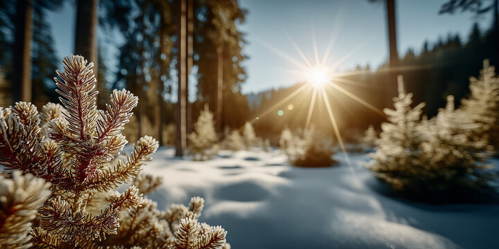 Sunlight illuminating snowy forest with frosty pine trees