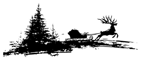 Santa Claus Flying in Sleigh with Reindeer over Winter Forest Silhouette in Sketchy Ink Style