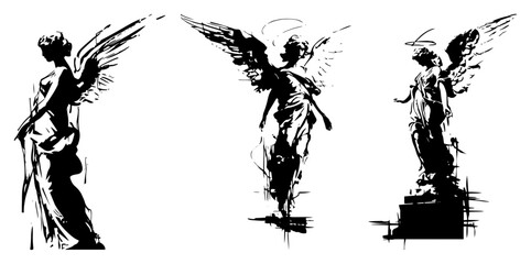 Three Holy Guardian Angel Figures with Wings and Halos in Artistic Black Grunge Sketch Style