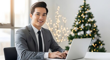 A smiling professional in a suit works at his laptop near a decorated Christmas tree, a joyful office scene.