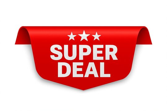 Bright red ribbon banner with three white stars and the words super deal in white text