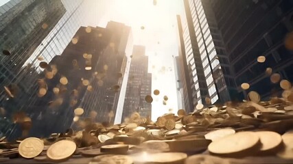 Stock market. Finance investment economy concept. gold coins falling from the sky in a cityscape, with skyscrapers in the background and sunlight filtering through the windows. - Powered by Adobe