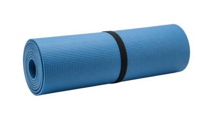 Blue rolled yoga mat with a black strap, isolated on transparent background