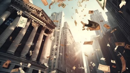 Stock market. Finance investment economy concept. A highresolution digital artwork depicting a bustling cityscape with skyscrapers and flying currency notes. - Powered by Adobe
