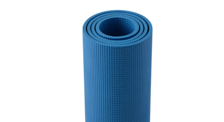 Rolled blue exercise mat for fitness and yoga isolated on transparent background