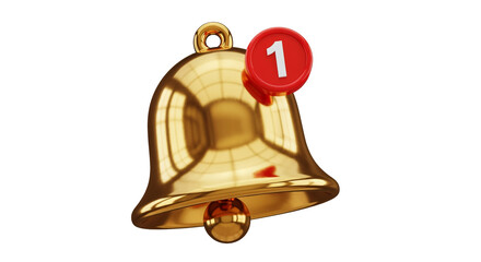 Golden notification bell with one new message isolated on transparent background