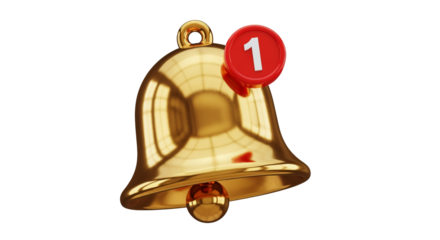 Golden notification bell with one new message isolated on transparent background
