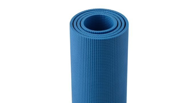 Rolled blue exercise mat for fitness and yoga isolated on transparent background