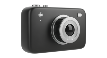 Black digital camera with silver lens, isolated on transparent background