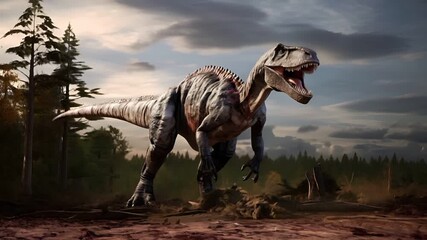 A vivid portrayal of a Tyrannosaurus rex in a natural setting. The dinosaur is captured in a dynamic pose, with its mouth wide open, revealing sharp teeth.
