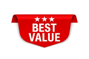 Bright red ribbon banner with three white stars and the words best value in white text