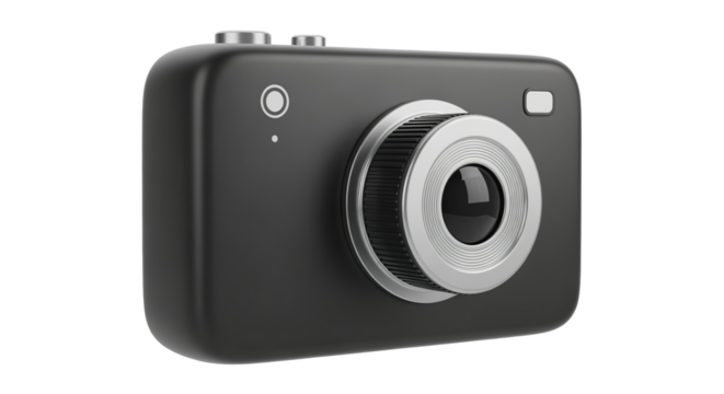 Black digital camera with silver lens, isolated on transparent background