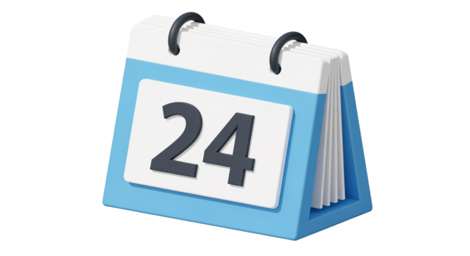 3d blue desk calendar icon showing date 24 isolated on transparent background