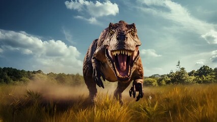 A vivid, highresolution digital artwork of a ferocious Tyrannosaurus rex in a natural setting. The dinosaur is captured in a dynamic pose, with its mouth wide open.