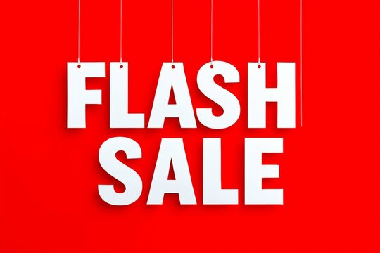 Bold white flash sale text hanging against a vibrant red background announcing a limited time discount event