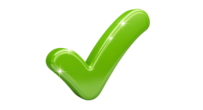 Green glossy check mark symbol isolated on transparent background