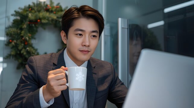 Contemplative man in suit sips coffee by laptop, a festive wreath adorns the modern workspace.