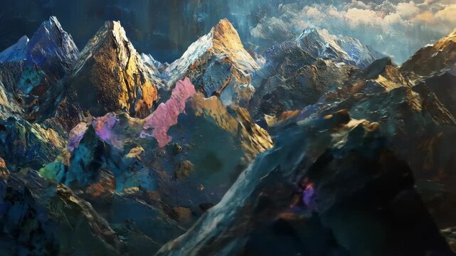 Abstract mountain range illustration with colorful peaks and atmospheric lighting
