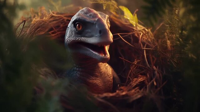 A closeup of a dinosaurs head and neck, with its mouth open, revealing sharp teeth. The dinosaurs skin is detailed with intricate patterns.