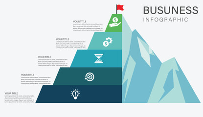 5-Step Business mountain pyramid infographic showing step-by-step success strategy and financial growth process