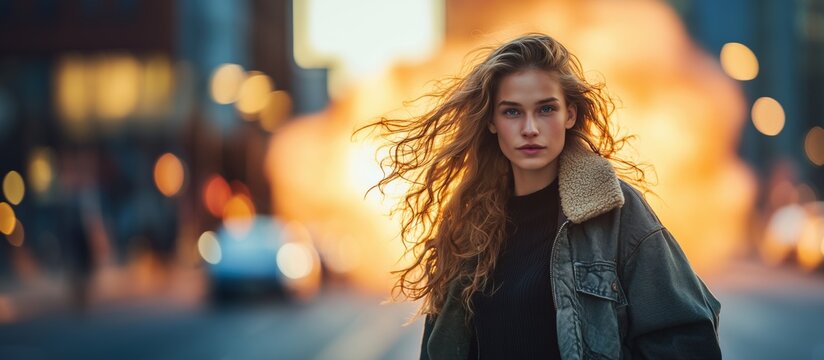 Strong young woman with windblown hair standing confidently in front of a dramatic fiery explosion on a city street at dusk, vibrant firelight illuminating her silhouette - Powered by Adobe
