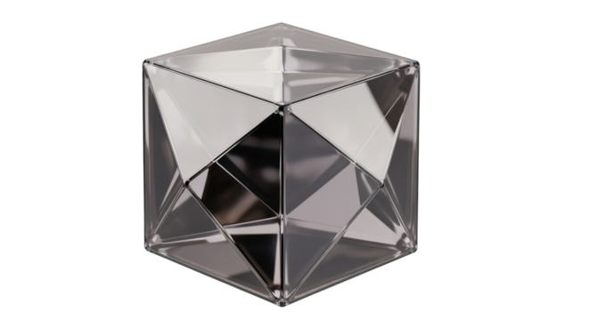 Clear geometric cube with reflective facets isolated on transparent background