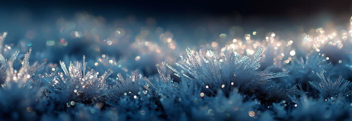 Close-up of frost-covered grass glistening in winter sunlight