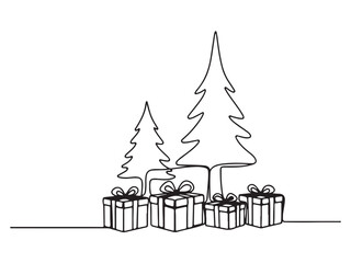 Simple Continuous Line Art of Christmas Trees and Gift Boxes