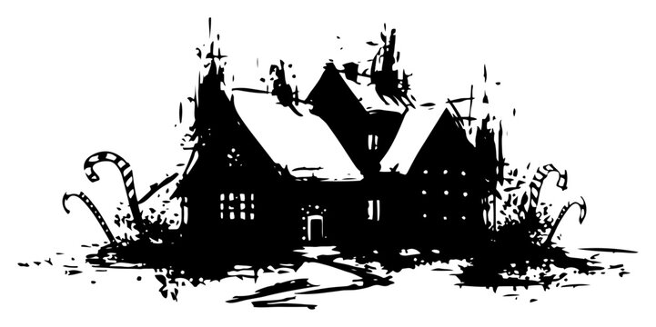 Whimsical Gingerbread House with Candy Canes Silhouette in Winter Christmas Grunge Sketch Style