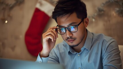 Young man thoughtfully adjusts glasses, illuminated by screen light, festive stocking behind him.