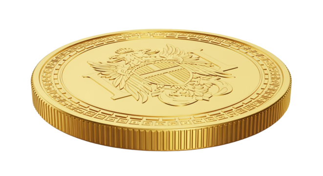 Closeup of a shiny gold coin with intricate design, isolated on transparent background - Powered by Adobe