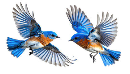 Fototapeta premium Two Eastern Bluebirds flying, wings outstretched
