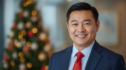 Confident Asian Man in Suit Smiling with Christmas Tree in the Background, Holiday Season Portrait.