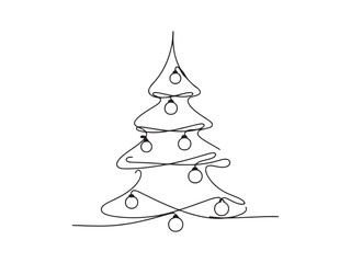 Continuous Line Christmas Tree Art with Baubles on White Background