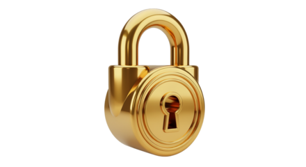Golden padlock representing security and protection, isolated on transparent background