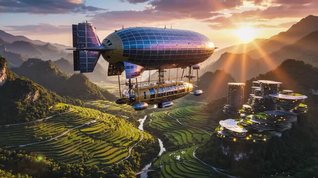Futuristic Airship Flying Over Green Mountainous Rice Terraces