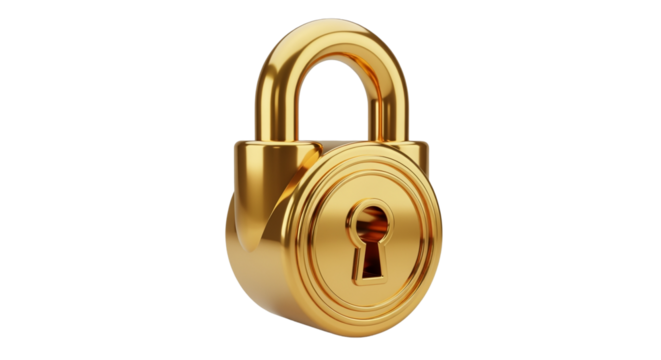 Golden padlock representing security and protection, isolated on transparent background