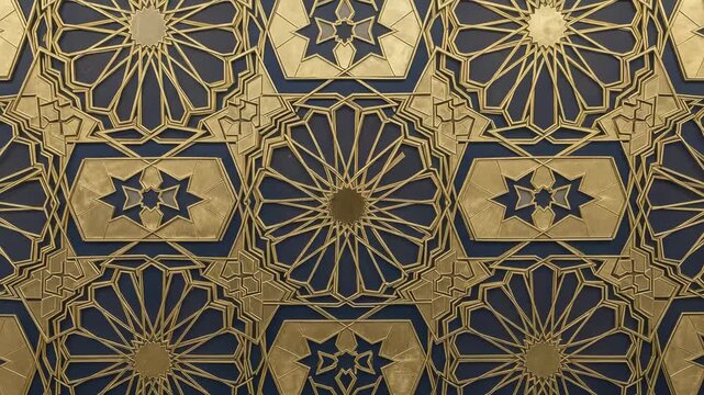 Intricate geometric pattern featuring golden lines and dark blue accents, creating a visually appealing design