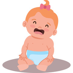 Adorable Baby With Orange Hair And Pink Bow Crying In A Blue Diaper Sitting Down On A White Background With Grey Shadow