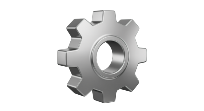 Shiny metal cogwheel for mechanical engineering isolated on transparent background