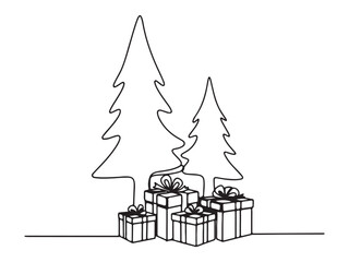 Continuous Line Art Christmas Trees and Gifts on White Background