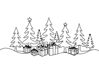Continuous Line Art Christmas Trees and Gift Boxes Holiday Design