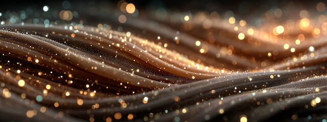 Abstract shimmering waves with glowing particles in golden hues