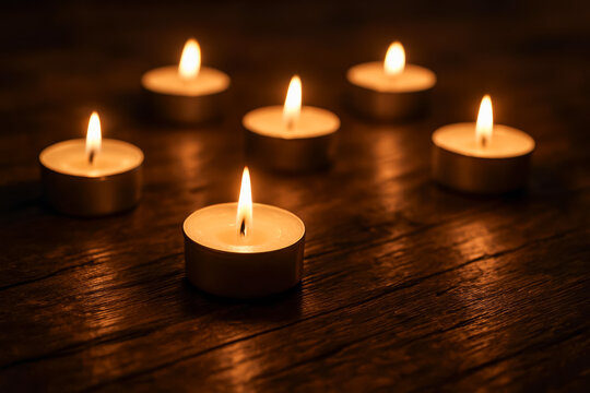 Softly glowing candles on a dark wooden surface at night