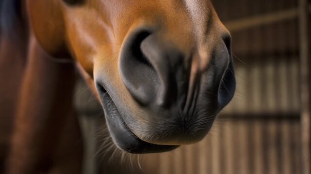 Close up of horse muzzle chewing in stable environment