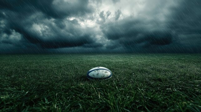 Rugby ball on a wet grassy field under a stormy, dramatic sky - Powered by Adobe