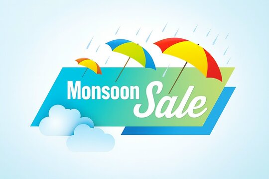 Bright and cheerful monsoon sale banner featuring colorful umbrellas and rain drops with a blue and green gradient background