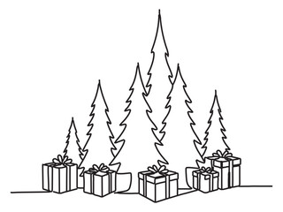 Minimalist Continuous Line Drawing of Christmas Trees and Gift Boxes